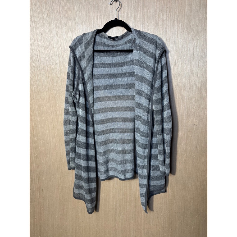 Eileen Fisher Womens Gray Striped Hooded Open Front Cardigan Sweater Large L